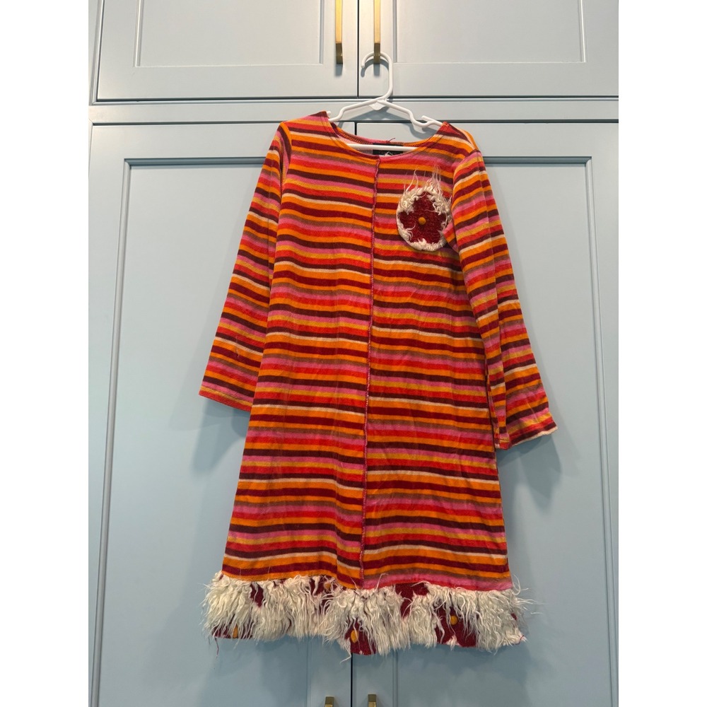 ZaZa Couture Girls Striped retro autumn shag Dress Floral Trim Size 10 velour